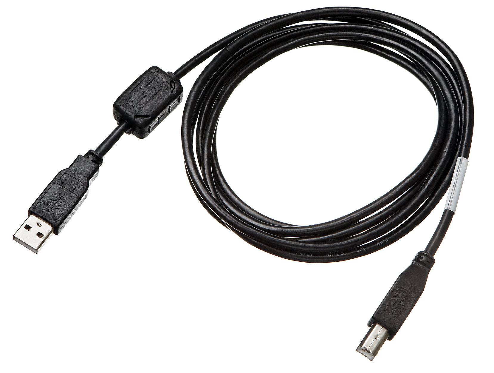 A black USB cable with a USB type-A connector on one end and a USB type-B connector on the other.