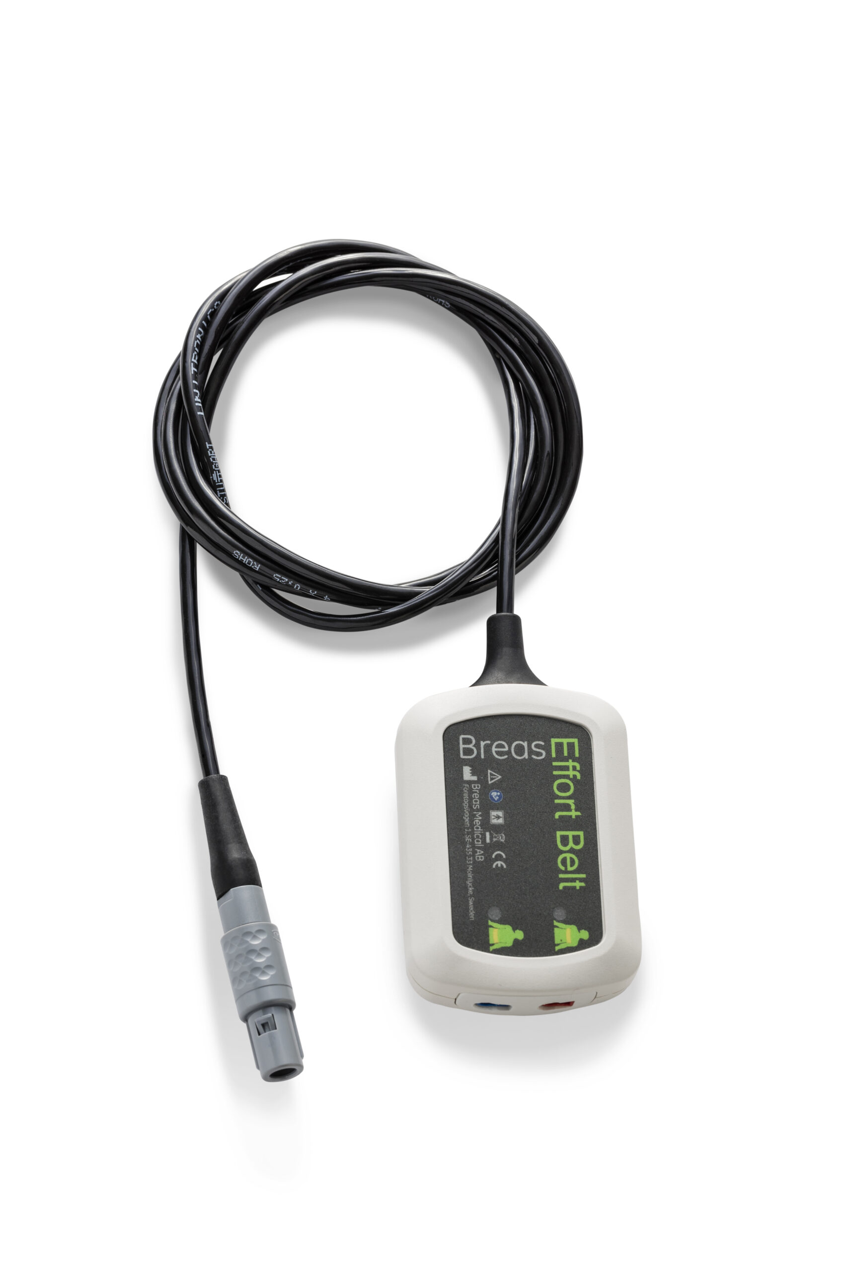 A medical device labeled "Breas Effort Belt" with a black cable and gray connector on a white background.