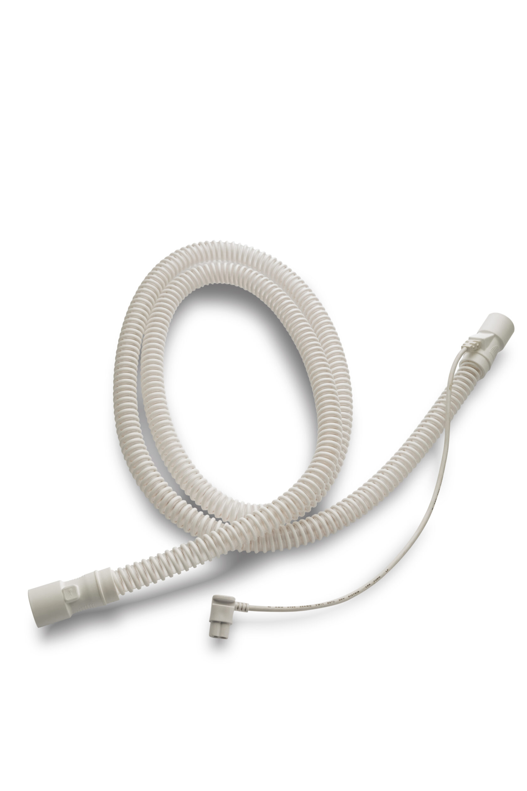 White corrugated medical breathing tube with connectors and an attached thin sensor wire on a white background.