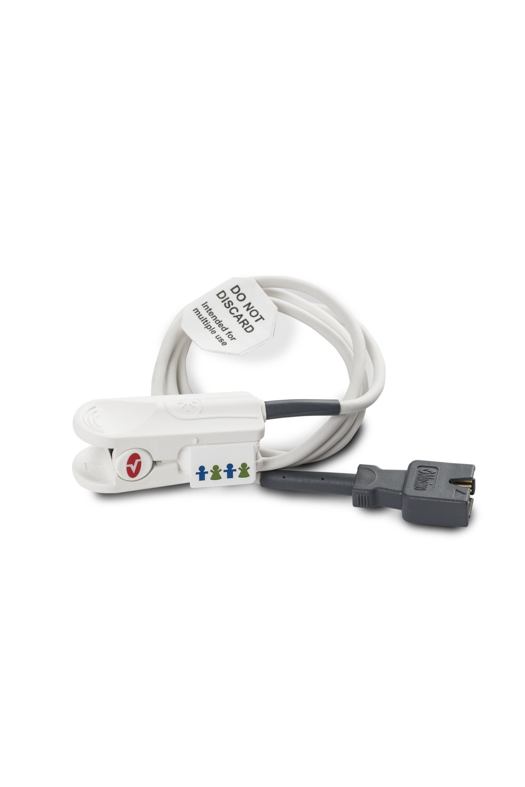 White medical sensor cable with clip and label, "DO NOT DISCARD," intended for multiple use, on white background.