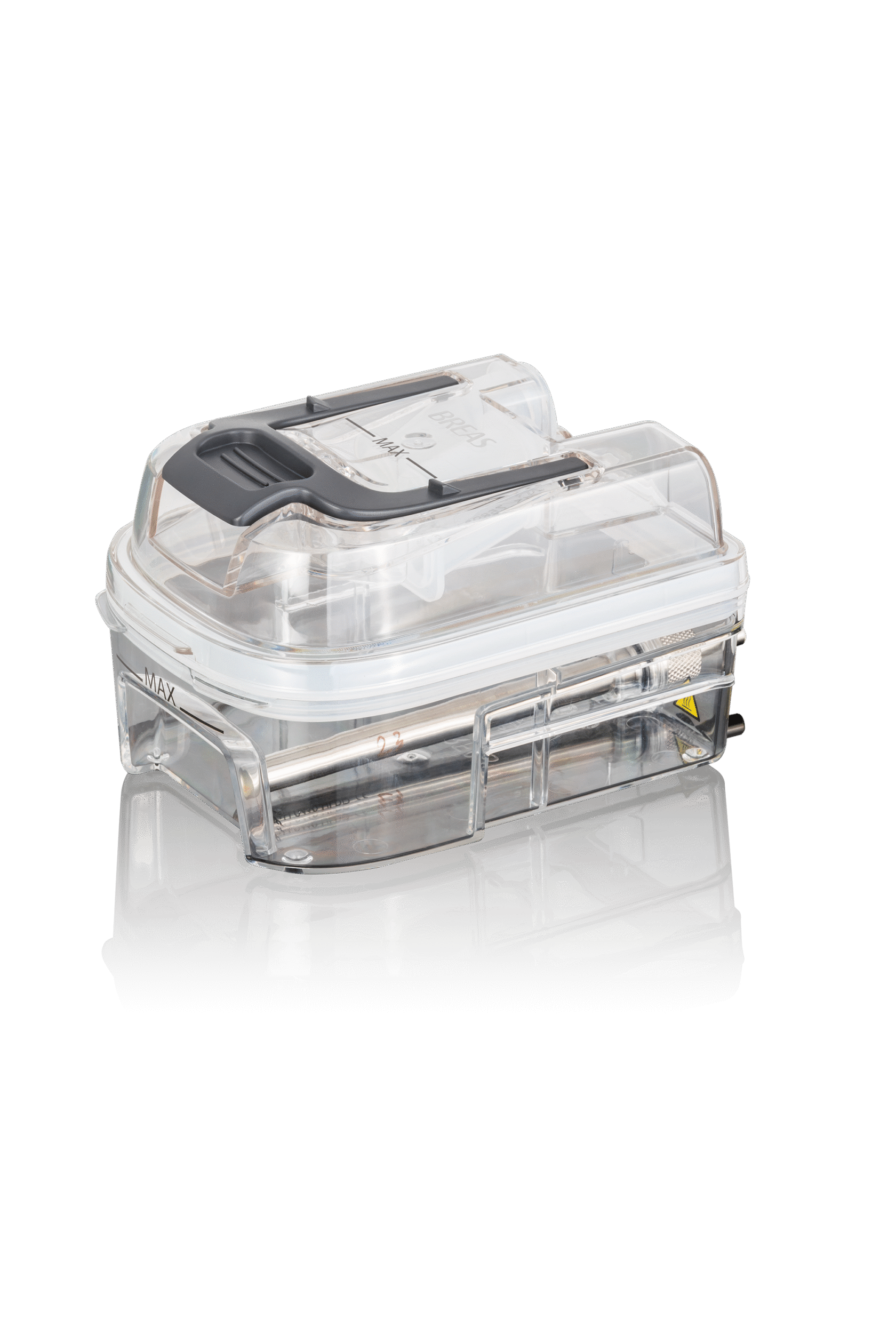 Clear plastic water chamber with black handle, used in CPAP machines for humidification therapy.