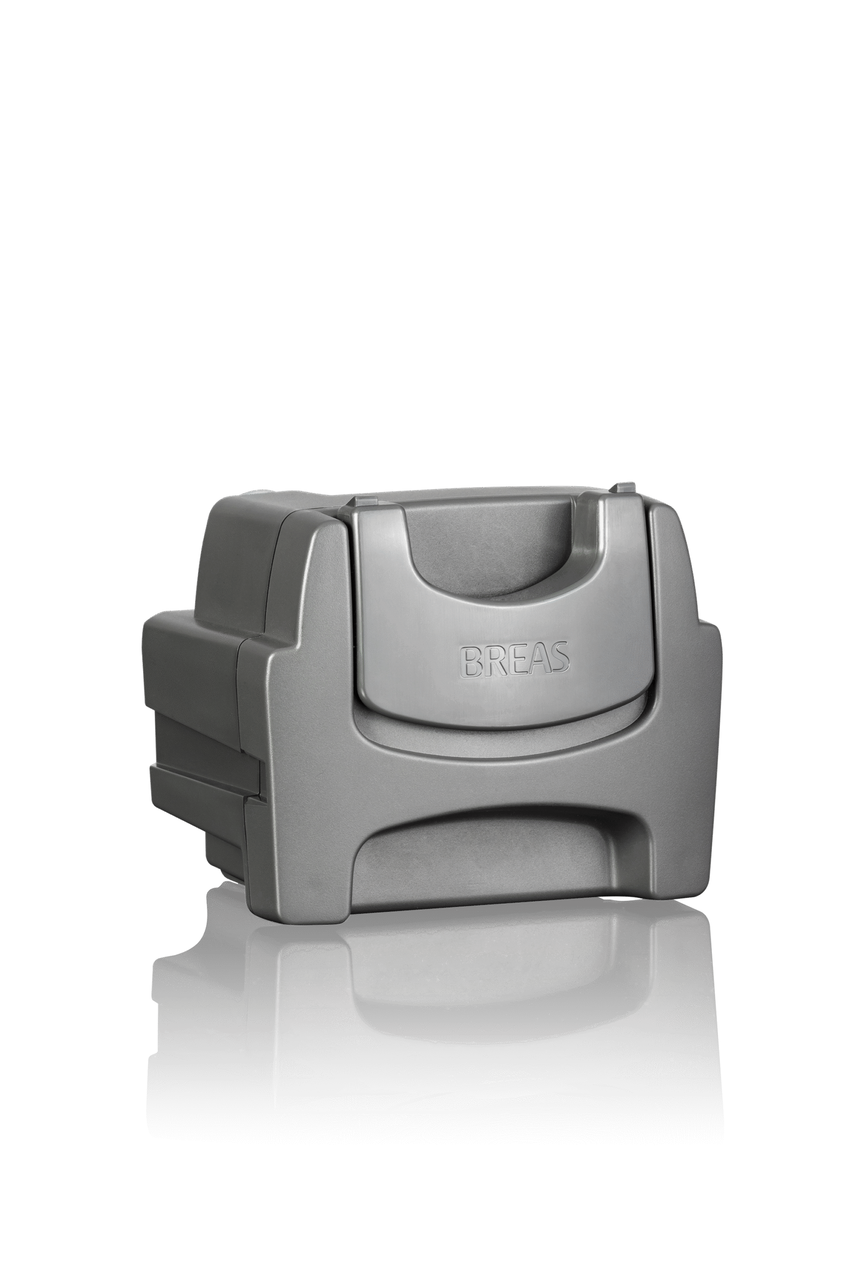 Gray medical device battery labeled "BREAS" against a black background, reflecting on a shiny surface.