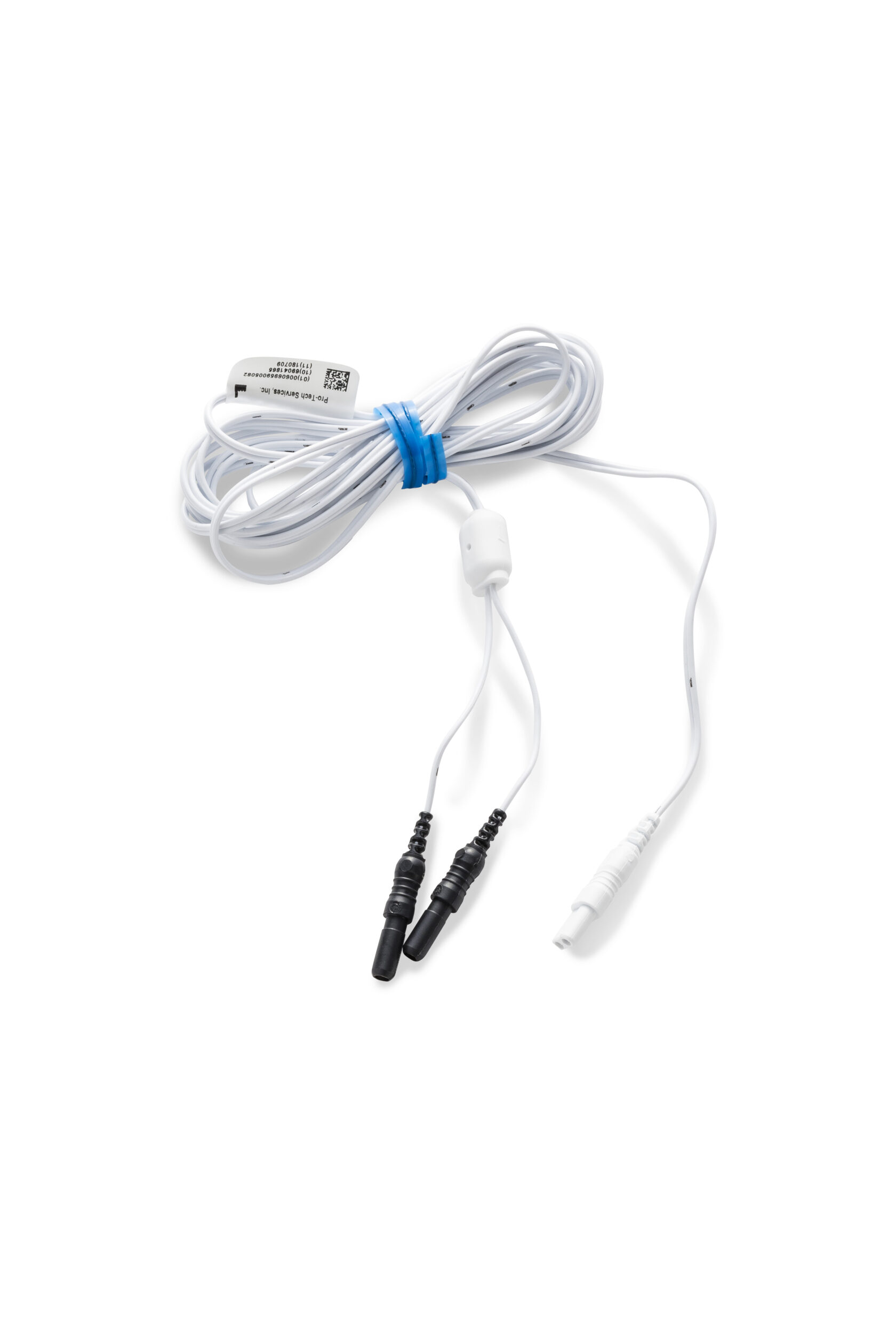 A coiled white cable with two black connectors and one white connector at the ends, resting on a white background.