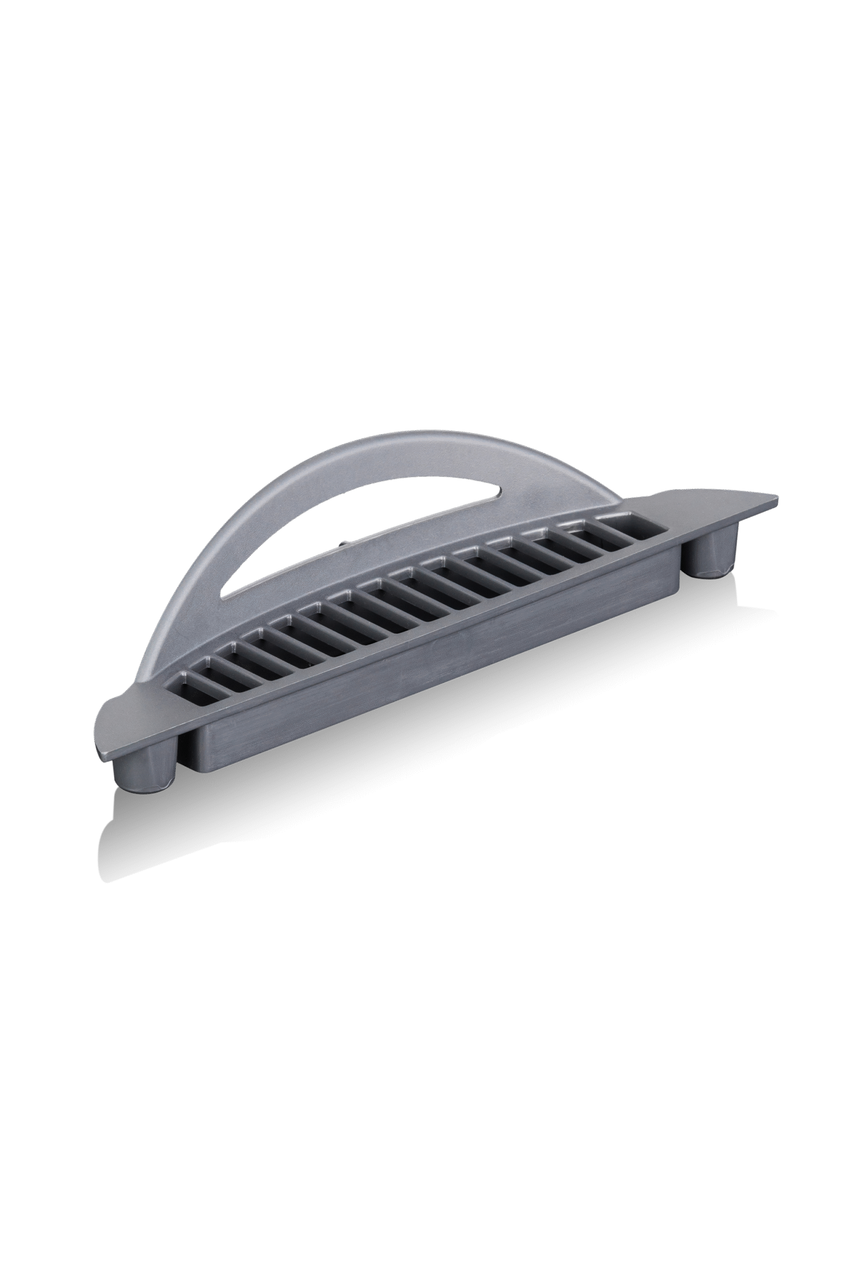Gray plastic slotted vent cover with a curved handle, shown on a black background.
