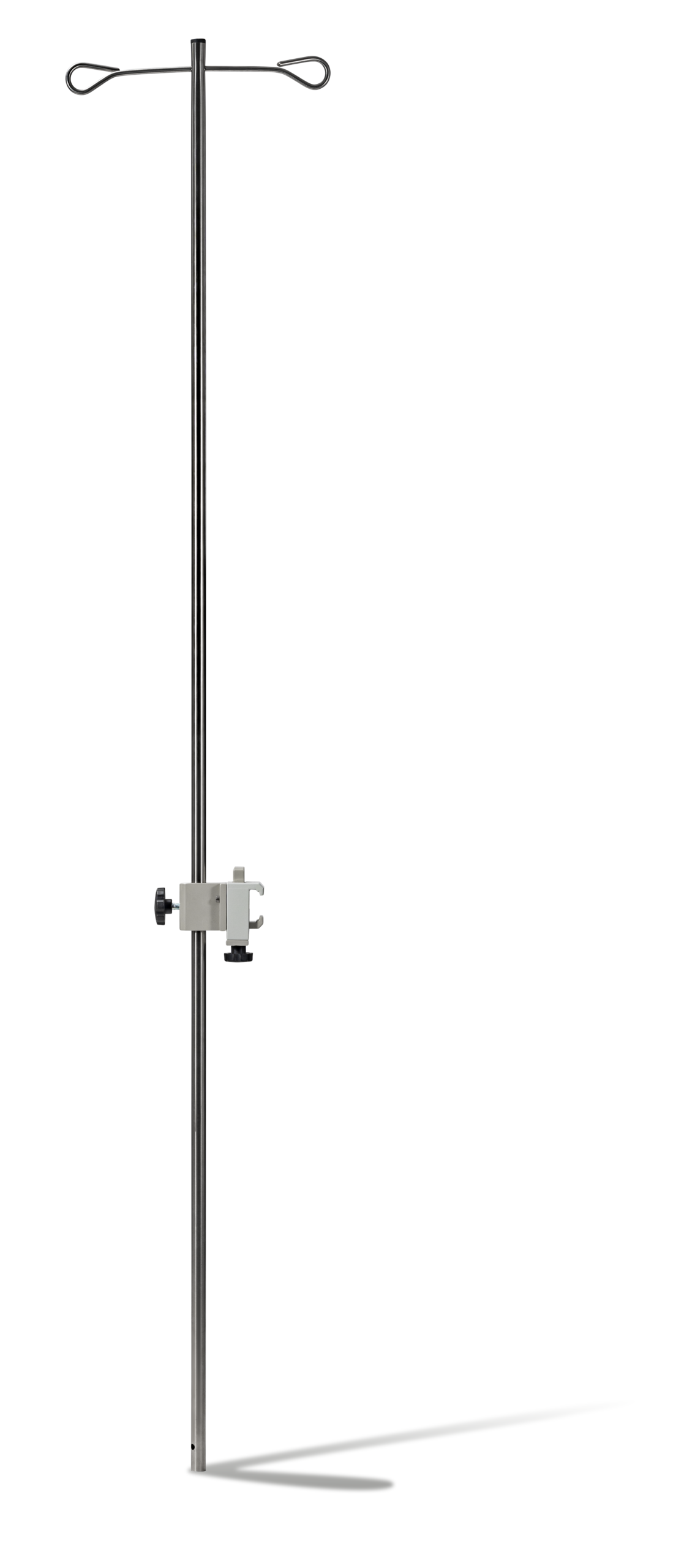 A metal IV pole with hooks on top and an adjustable clamp, standing upright on a white background.