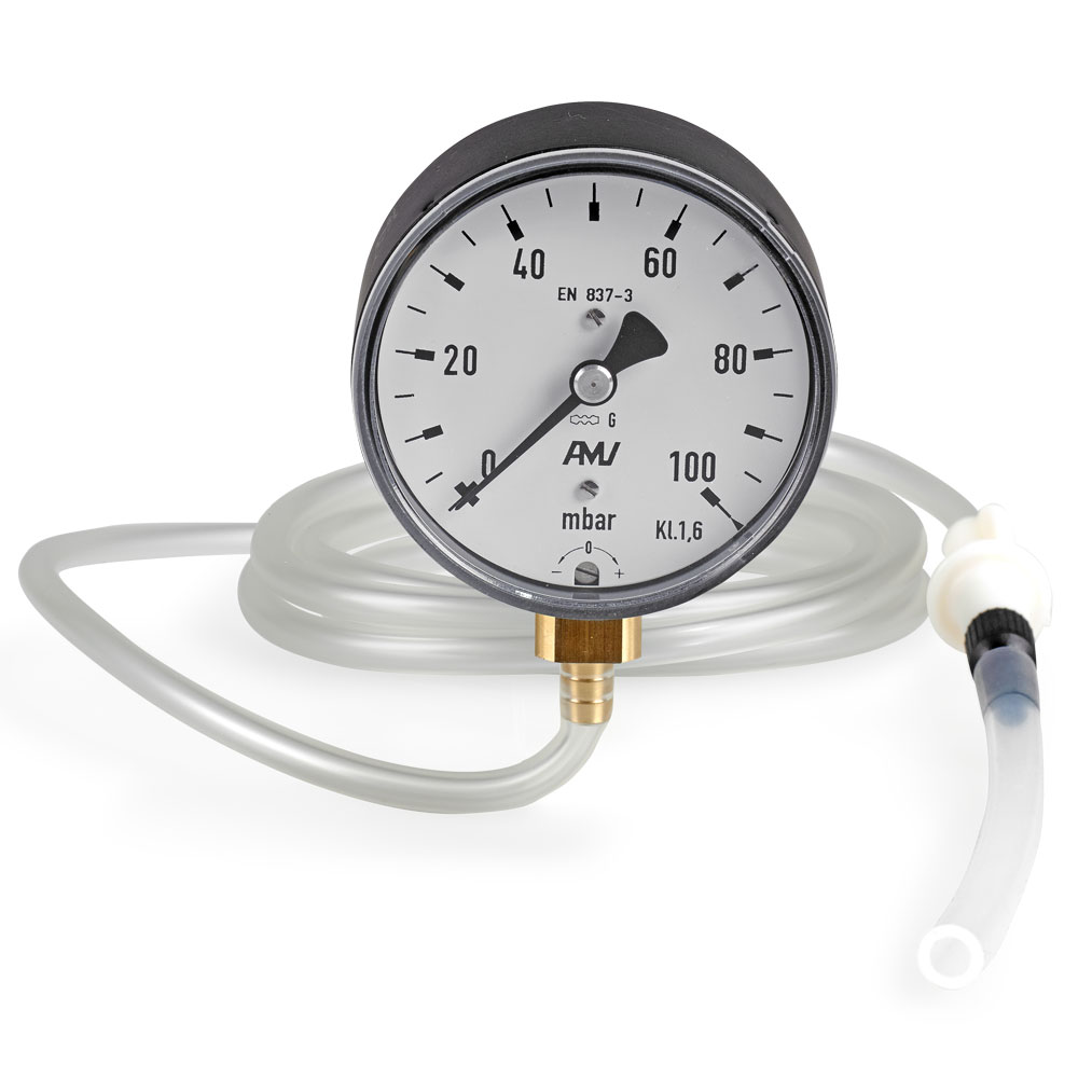 Analog pressure gauge with a dial and attached transparent tubing, measuring up to 100 mbar.