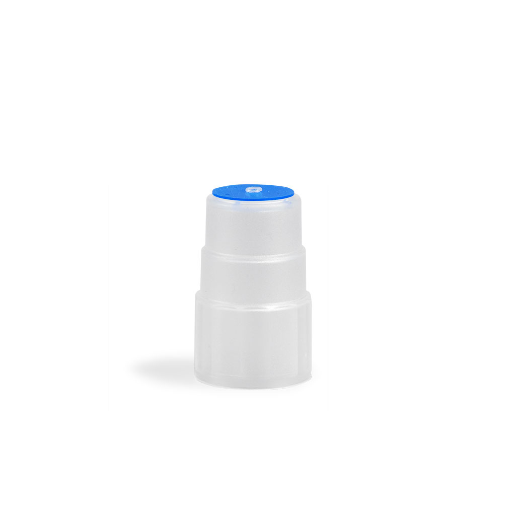 Small translucent plastic cap with a blue top, shown upright on a white background.