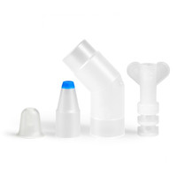 Four different white and transparent plastic medical or laboratory adapters and caps are arranged side by side on a white background.