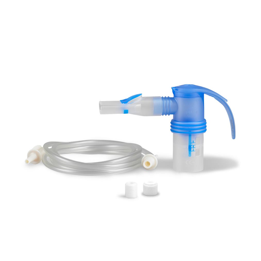 A blue and white nebulizer kit with tubing and two small white filters on a white background.