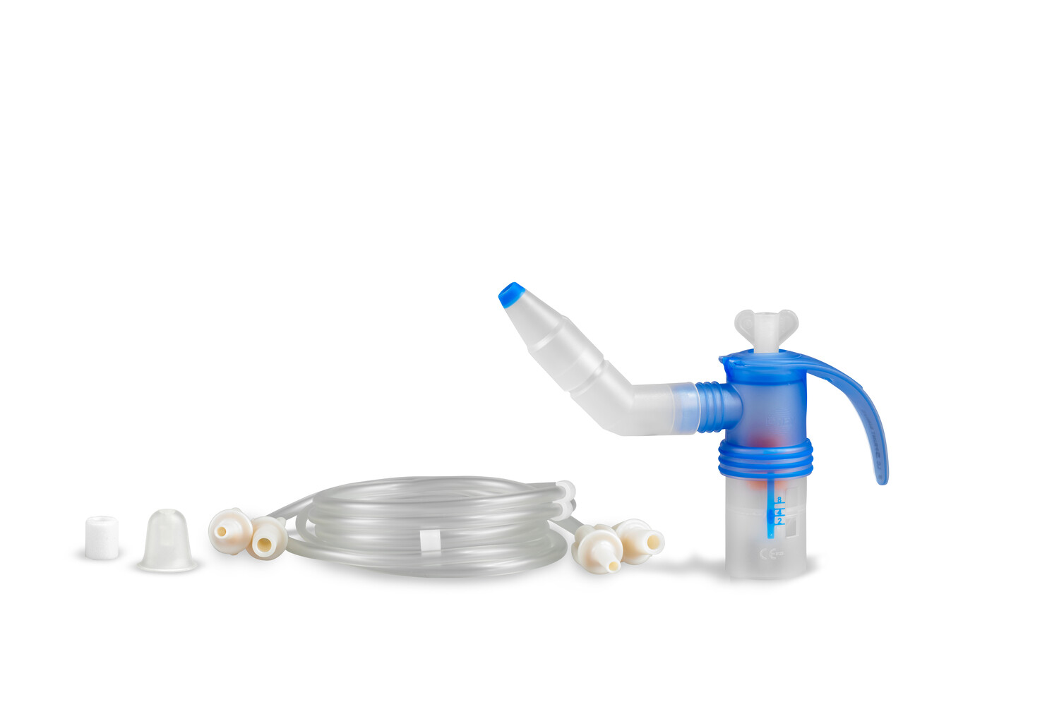 Medical nebulizer kit with tubing, blue and white chamber, mouthpiece, and various small accessories on white background.