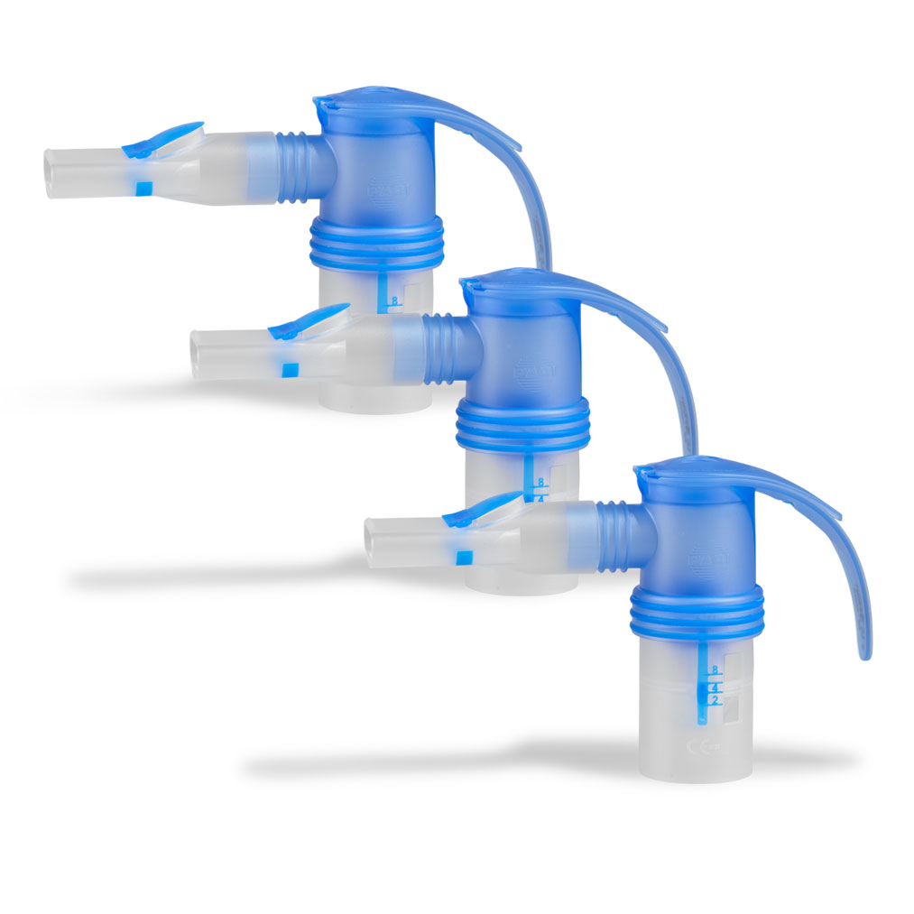 Three blue and white nebulizer medical inhaler attachments are aligned diagonally on a white background.