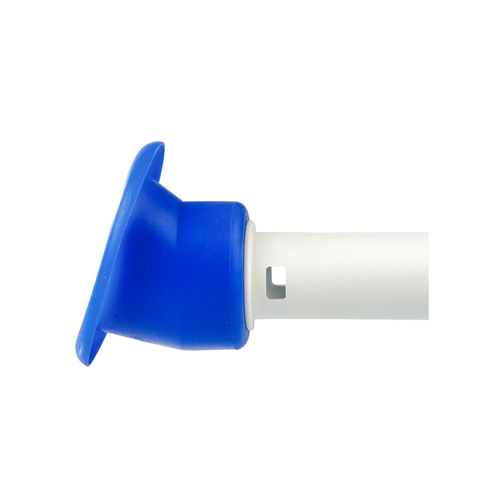Blue and white plastic medical valve or connector on a white background.