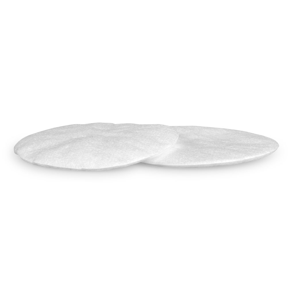 Two round white cotton pads overlapping on a white background.