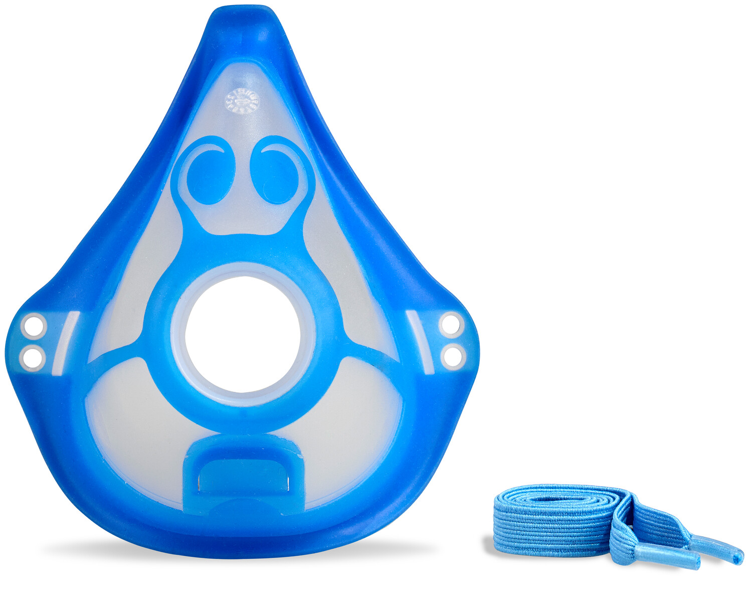 Blue and clear silicone face mask with a central hole, next to a coiled blue strap on a white background.