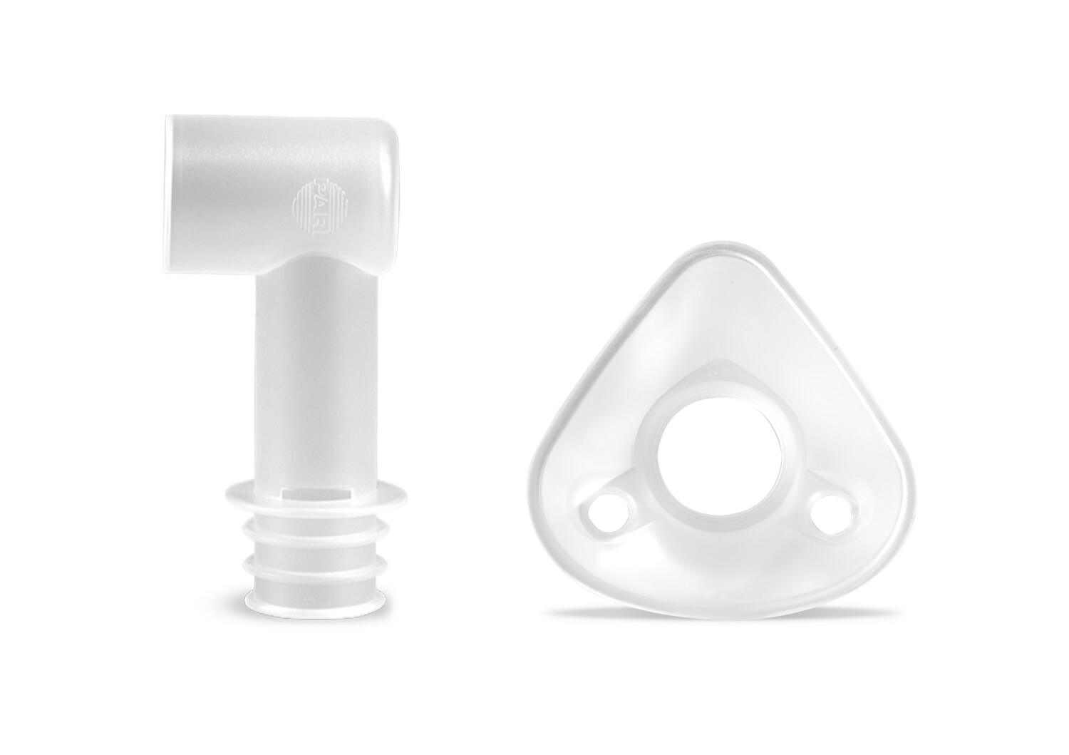 Two white plastic medical components, one L-shaped, one triangular with a central hole, on a white background.