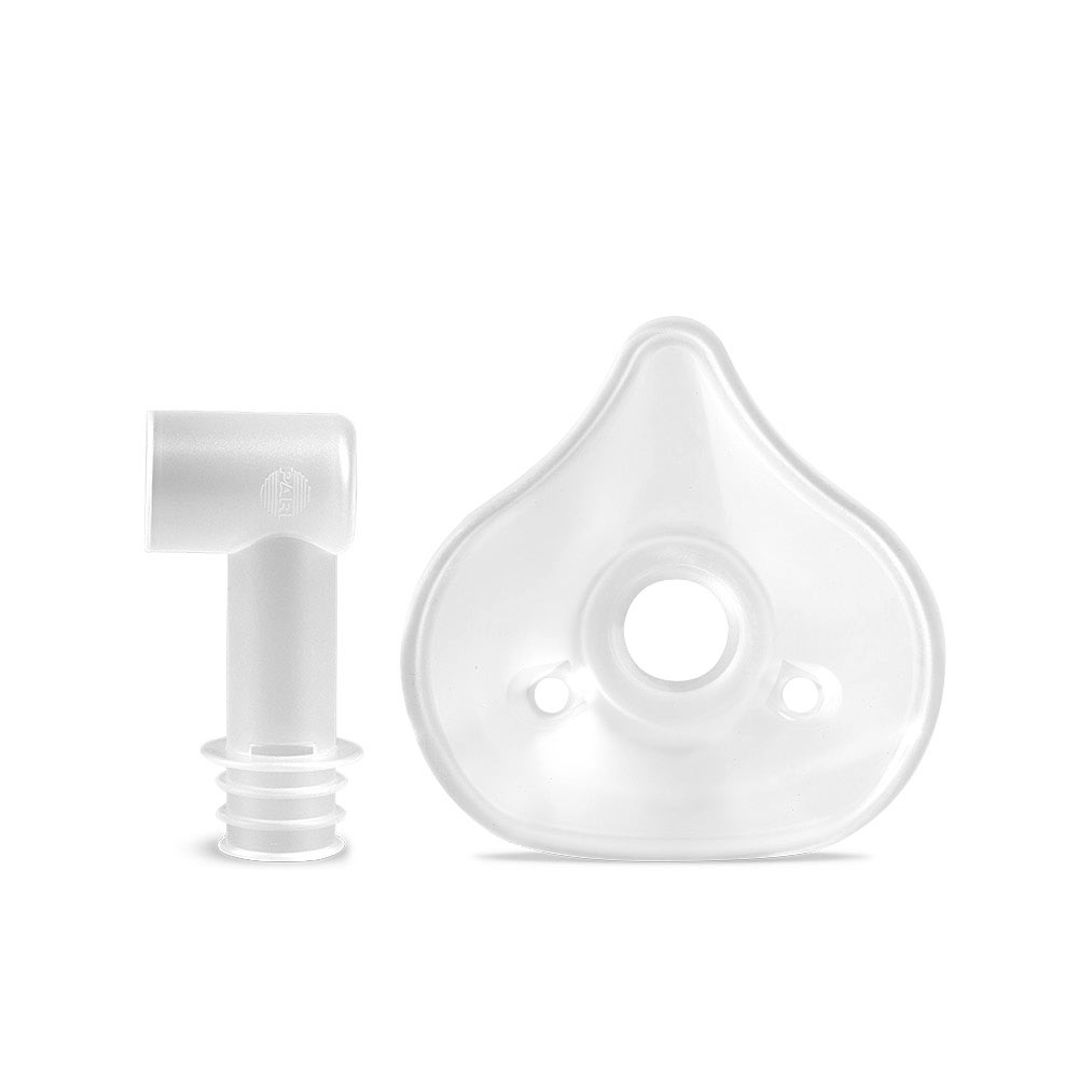 Clear plastic nebulizer mask and angled connector piece on a white background.