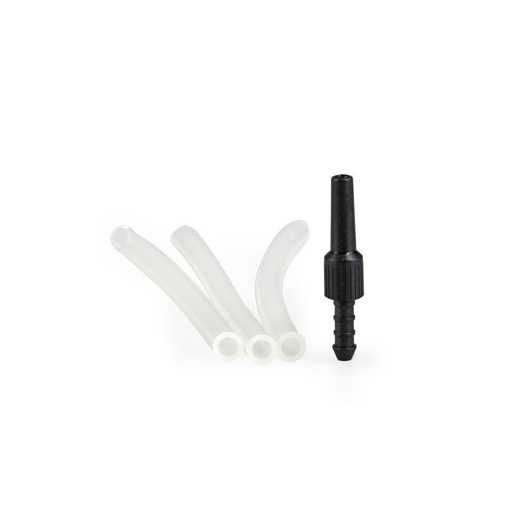 Three translucent silicone tubes and a black plastic connector on a white background.