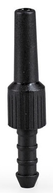 Black plastic hose nozzle connector with ribbed grip and tapered end, isolated on white background.