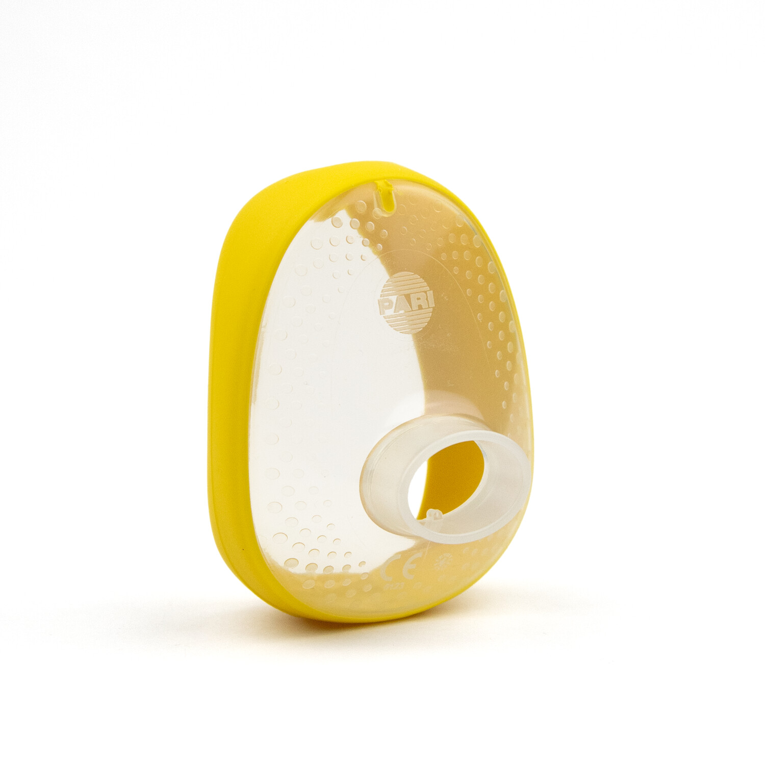 Clear plastic face mask with a yellow rim, used for medical inhalers or nebulizers, on a white background.
