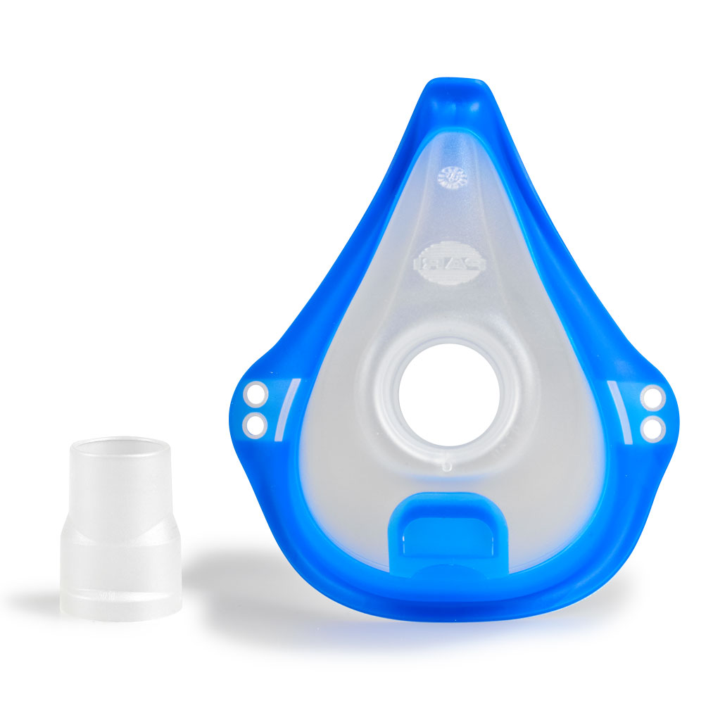 Clear and blue medical face mask with a round valve opening, next to a small transparent plastic connector.