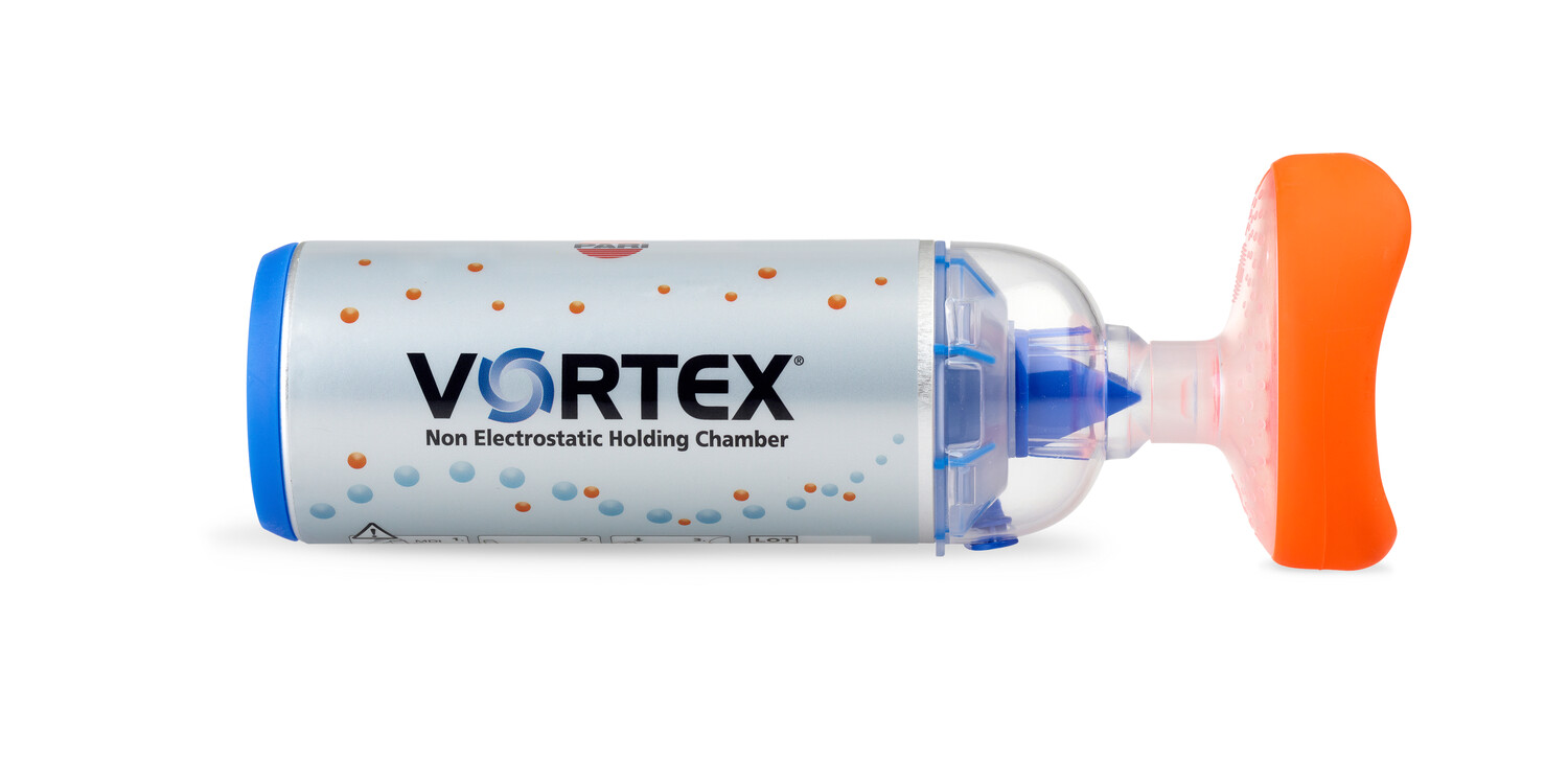 VORTEX non-electrostatic holding chamber for inhalers, with blue and orange parts, on a white background.