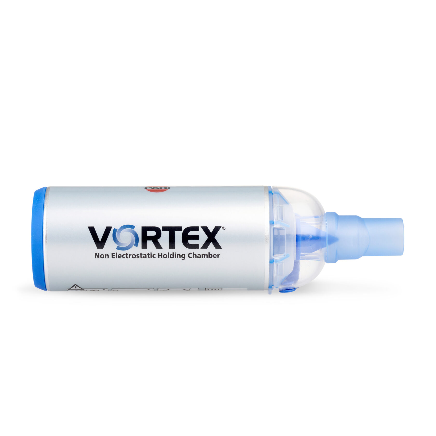 A Vortex non-electrostatic holding chamber inhaler with a blue mouthpiece and white cylindrical body.