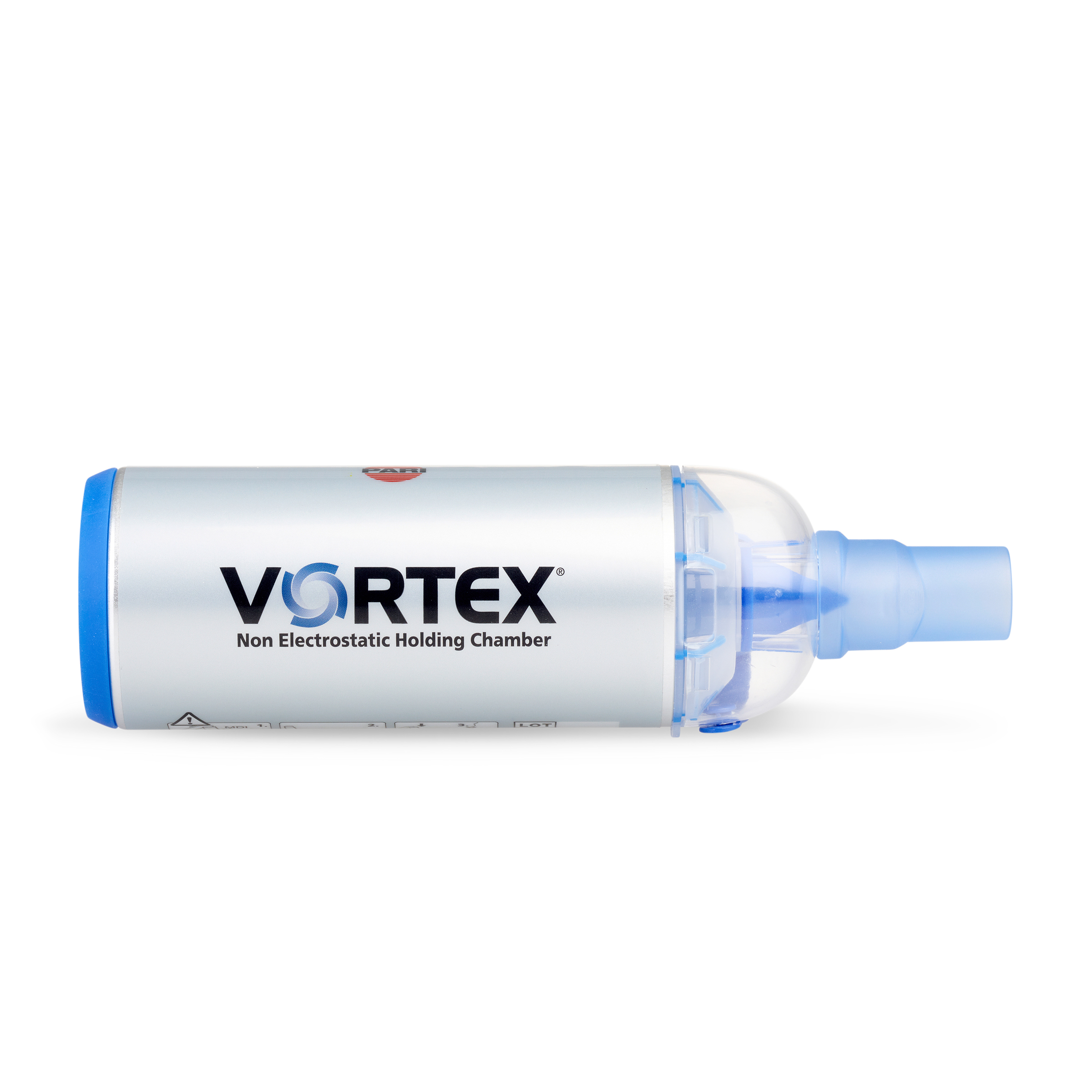 A Vortex non-electrostatic holding chamber inhaler with a blue mouthpiece and white cylindrical body.
