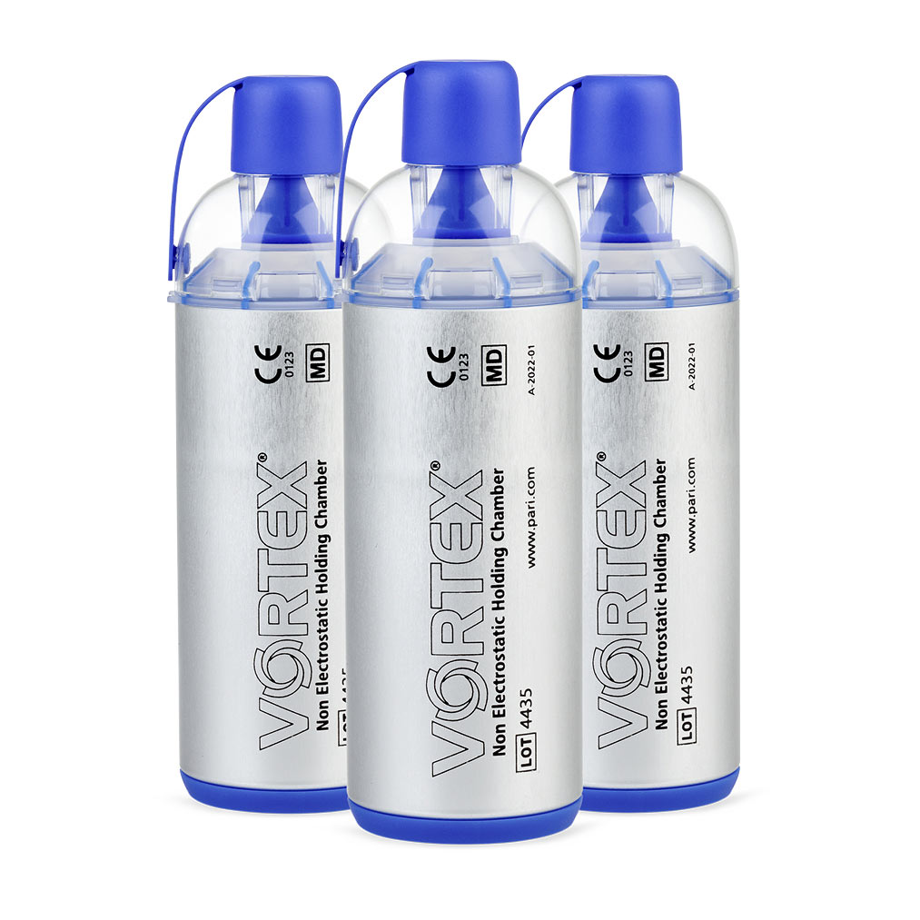 Three VORTEX non-electrostatic holding chambers with blue caps and silver bodies, standing upright side by side.