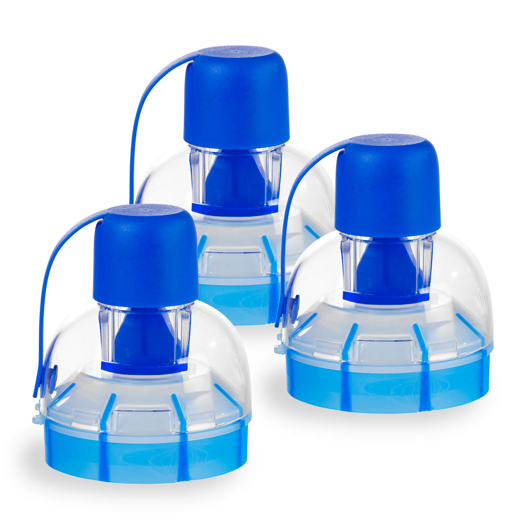 Three blue and clear plastic caps with spouts, likely for water bottles, are arranged on a white background.