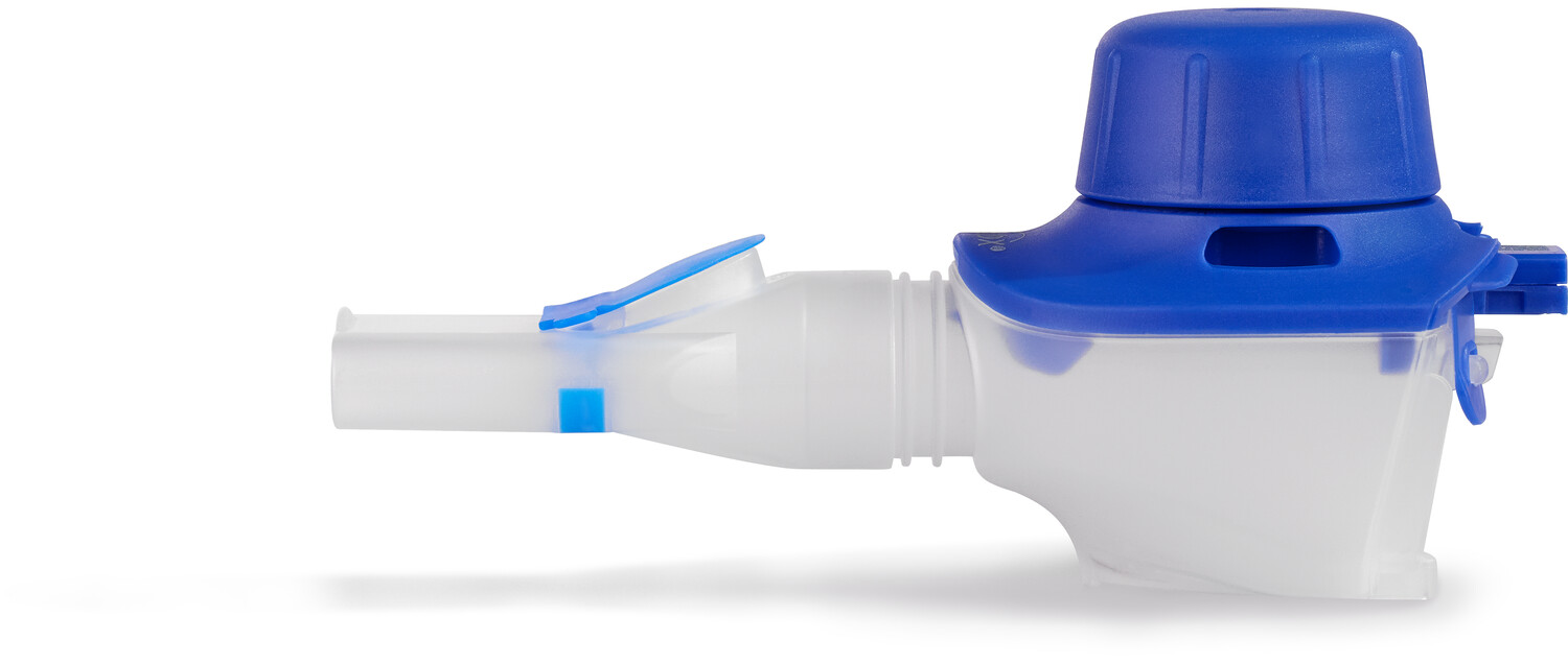 Plastic medical inhaler nebulizer with blue cap and mouthpiece on white background.
