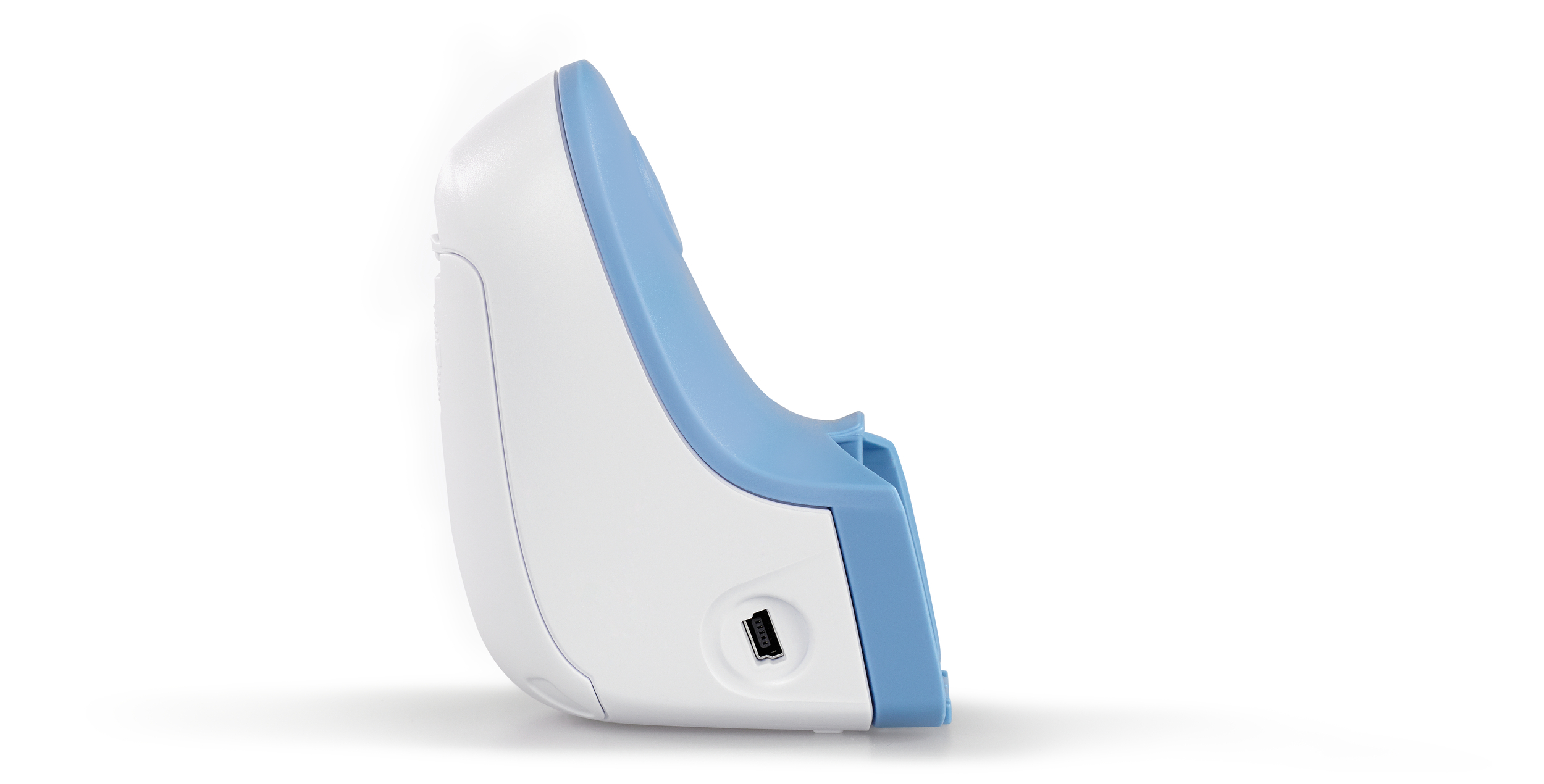 Side view of a white and blue electronic device with a USB port, isolated on a white background.