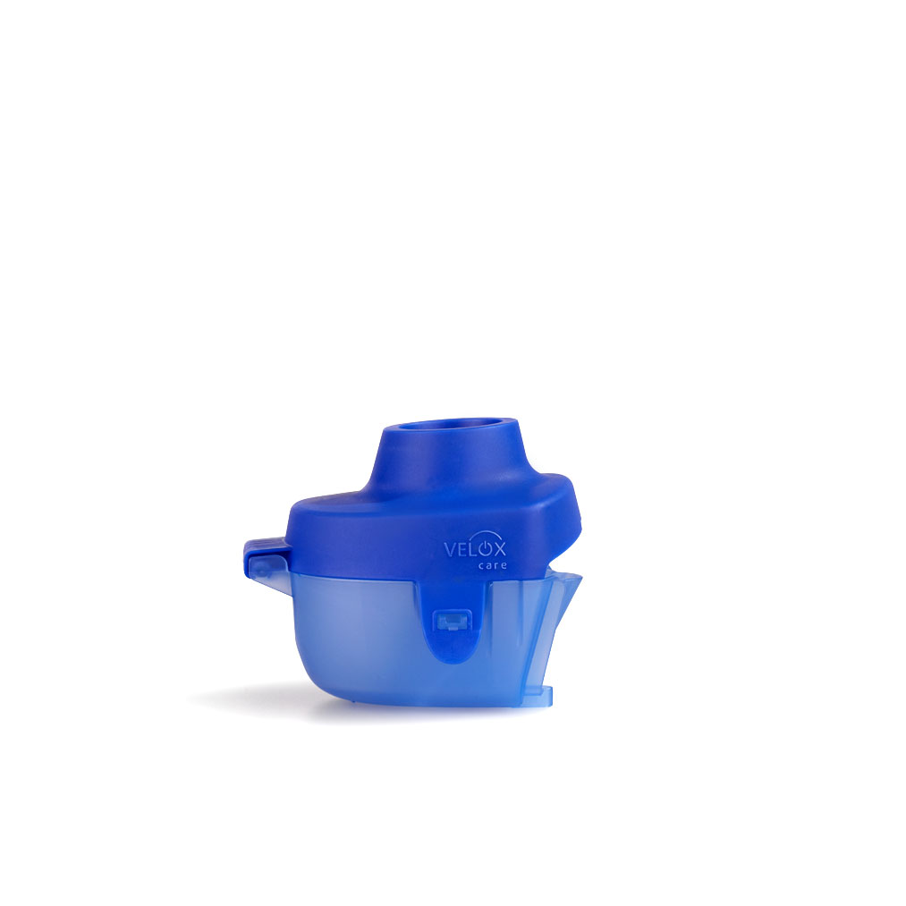 Small blue plastic medical nebulizer part labeled "Velox care" on a white background.
