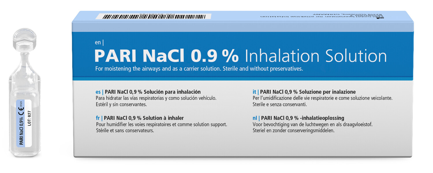PARI NaCl 0.9% Inhalation Solution box and vial for airway moistening, sterile and preservative-free.