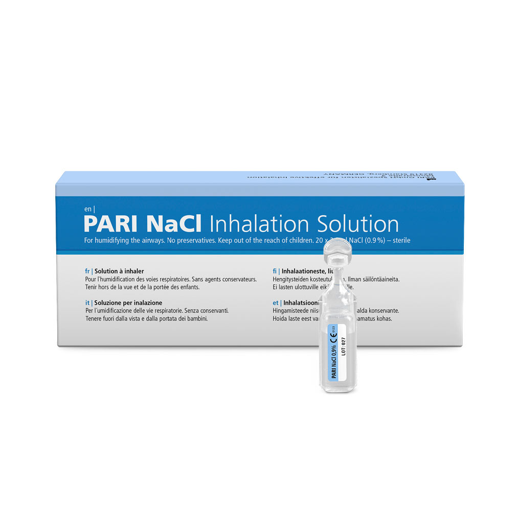 PARI NaCl Inhalation Solution box with a single ampoule in front, used for airway humidification.