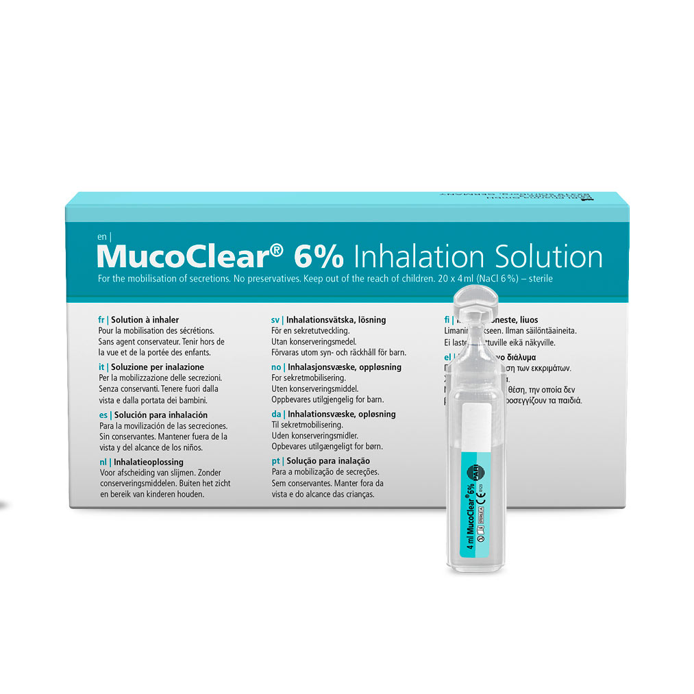 MucoClear 6% Inhalation Solution box and one small vial in front for mobilization of secretions.