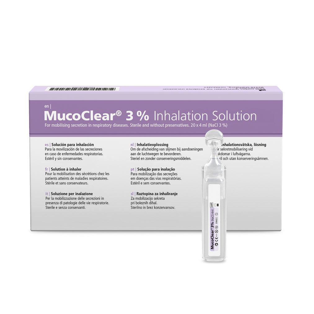 MucoClear 3% Inhalation Solution box with a single ampoule in front, used for respiratory secretion mobilization.