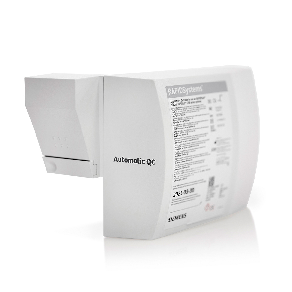 White Siemens Automatic QC device labeled RAPIDSystems with information label on the side, isolated on white background.