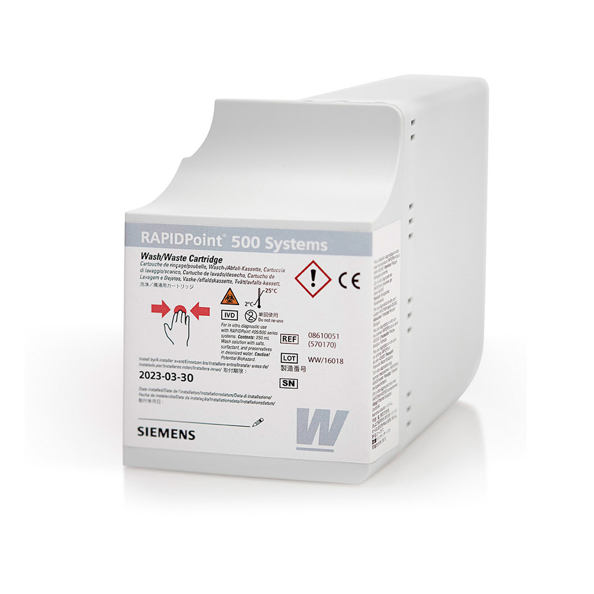 White Siemens RAPIDPoint 500 wash/waste cartridge with instructions and warning labels on the front.