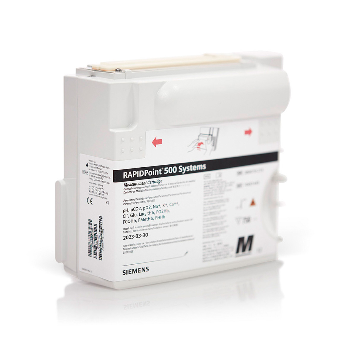 A Siemens RAPIDPoint 500 Systems measurement cartridge with labeled instructions and specifications on the front.