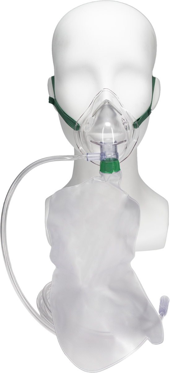 A mannequin head wearing a clear oxygen mask with a reservoir bag and attached tubing.