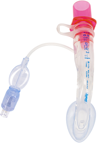 Medical laryngeal mask airway with a pink connector, clear tube, and inflatable cuff.