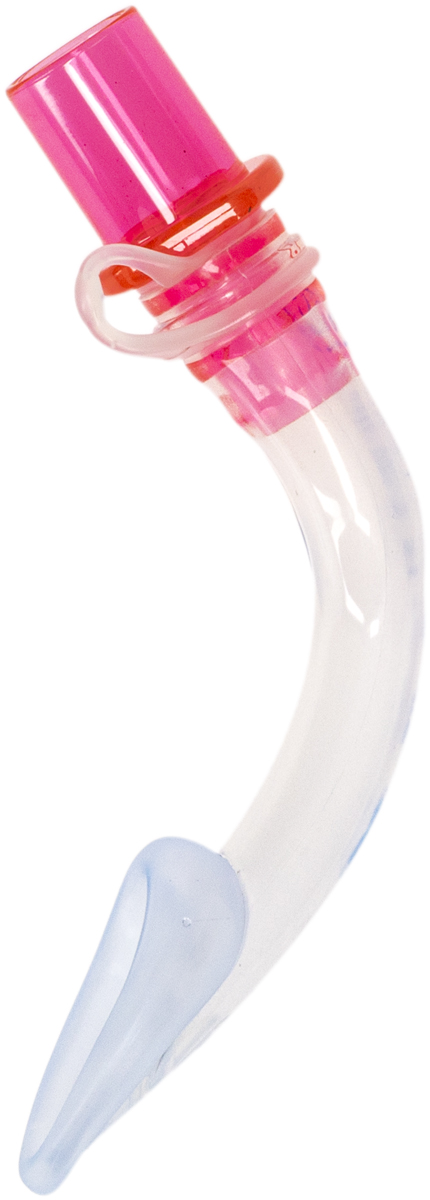 Curved plastic oropharyngeal airway device with a pink top and clear tube, used for medical airway management.