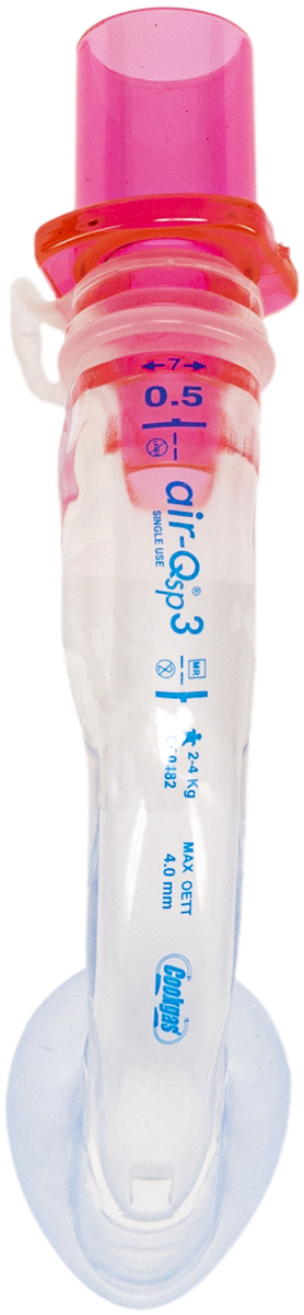 Clear airway tube with pink connector, labeled "air-Qsp3" and size information, used for medical airway management.