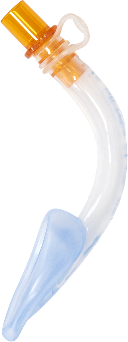 A curved, translucent plastic medical airway device with an orange connector and a blue soft end.