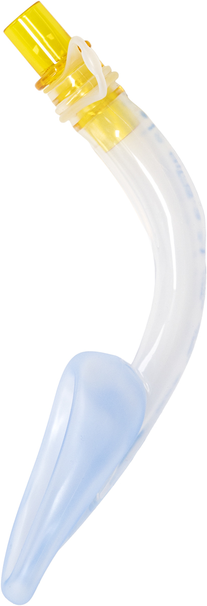 A clear curved plastic medical airway tube with a yellow connector and a blue soft tip.