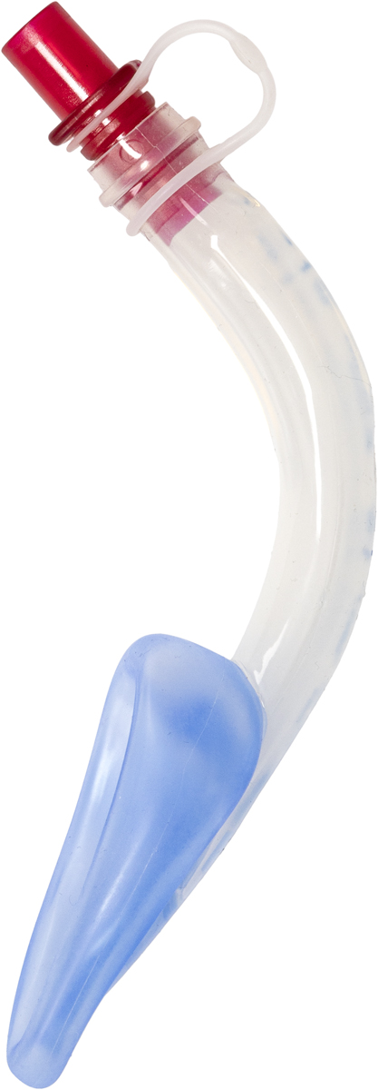 A curved clear plastic medical airway tube with a blue tip and a red connector at the end.
