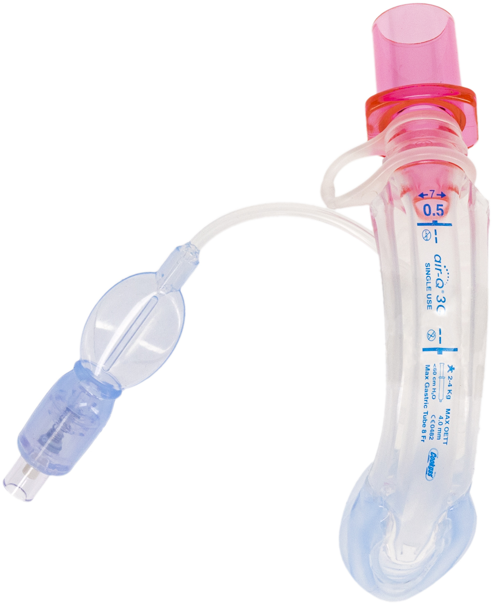 A medical laryngeal mask airway device with a pink connector and blue inflation line on a white background.