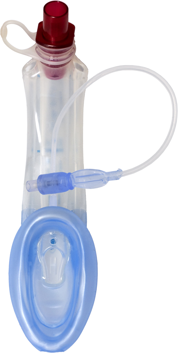 A laryngeal mask airway device with a clear tube, blue cuff, and attached inflation line.