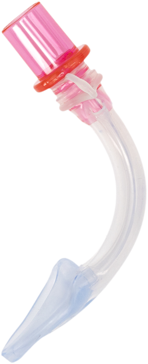 A curved plastic medical airway device with a pink connector and a clear body, used for maintaining open airways.