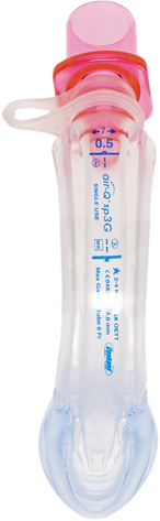 A clear medical laryngeal mask airway with a pink connector and blue text markings.